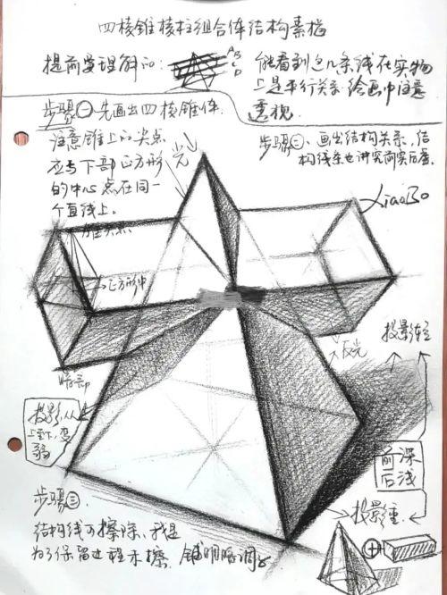 石膏几何体四棱锥贯穿体素描步骤 素描方锥贯穿体的画法